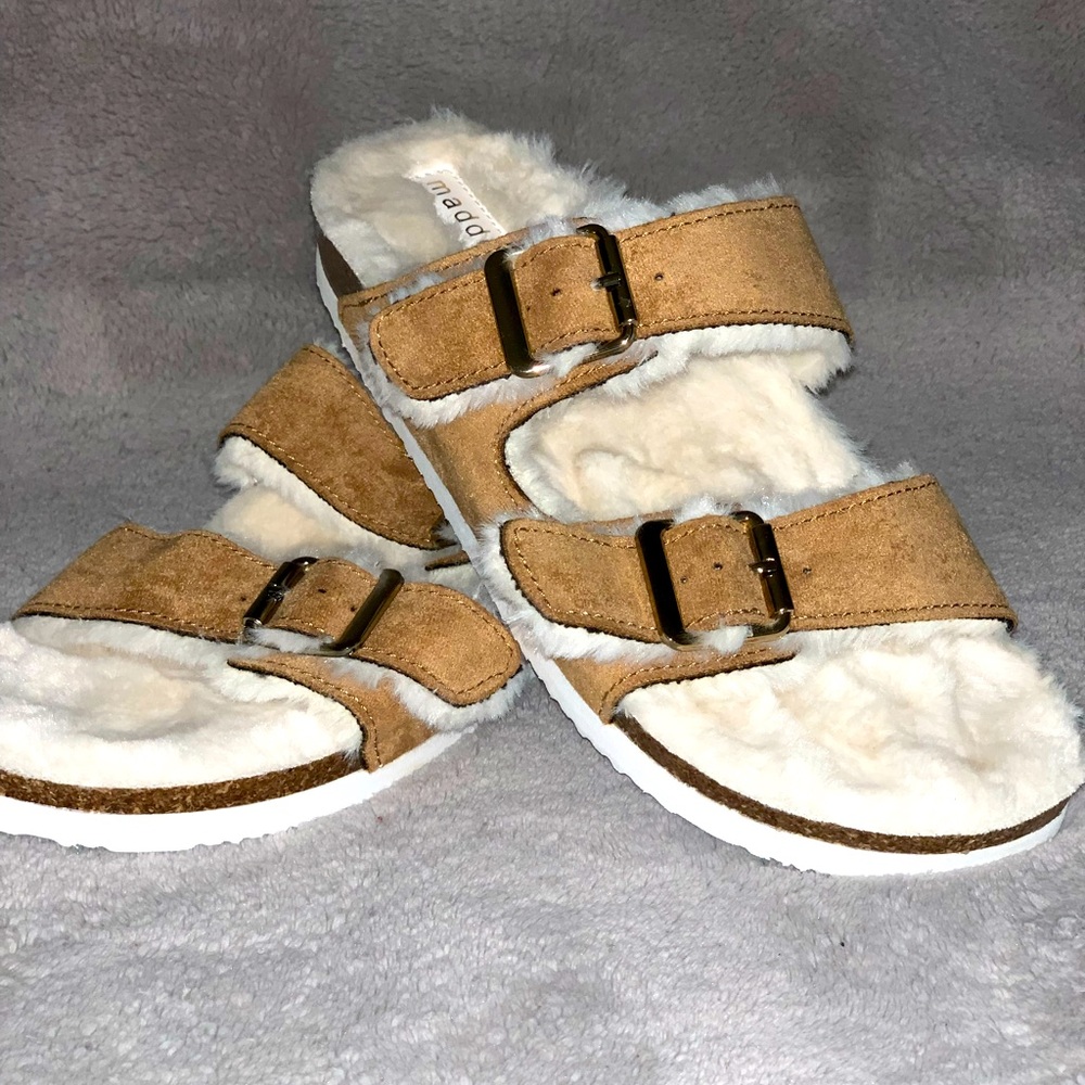 Madden Girl Faux Fur Double buckle slides